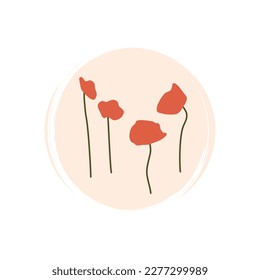 Cute logo or icon vector with red poppy flowers illustration on circle with brush texture, for social media story and highlights