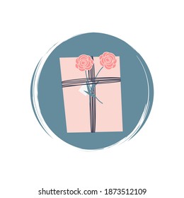 Cute logo or icon vector with romantic gift box, illustration on circle with brush texture, for social media story and highlights