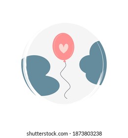 Cute logo or icon vector with romantic floating balloon, illustration on circle with brush texture, for social media story and highlights