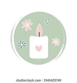  Cute logo or icon vector with romantic aroma candle with daisy flowers on circle with brush texture, for social media story and highlights
