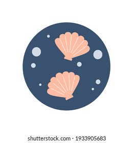 Cute logo or icon vector with seashell in the sea, illustration on circle for social media story and highlights	