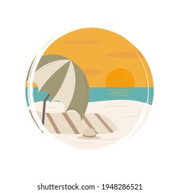 Cute logo or icon vector with summer beach scene, illustration on circle with brush texture, for social media story and highlights