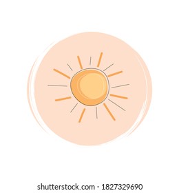 Cute logo or icon vector with sun in contemporary boho style, illustration on circle with brush texture, for social media story and highlights