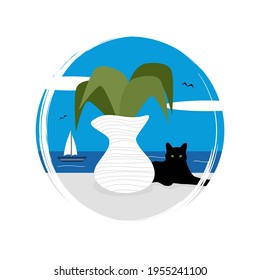 Logotipo o vector de íconos con paisaje verde soleado con gato, jarrón con planta y mar, ilustración en círculo con textura de brocha, para la historia de medios sociales y destacar 