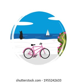 Cute-Logo oder Ikone-Vektorgrafik mit sonniger Tageslandschaft in Griechenland mit schwarzer Katze, Fahrrad und Meer, Illustration auf einem Kreis mit Pinselstruktur, für Social-Media-Geschichte und Highlight 