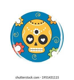Cute logo or icon vector with traditional mexican skull, illustration on circle with brush texture, for social media story and highlights