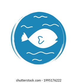 Cute logo or icon vector with white fish in the sea, illustration on circle for social media story and highlights