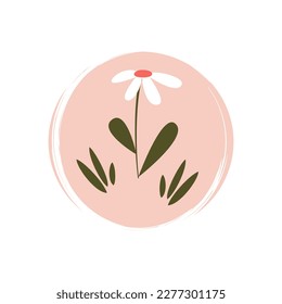Cute logo or icon vector with white daisy flowers illustration on circle with brush texture, for social media story and highlights