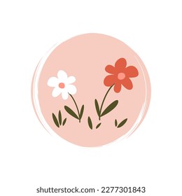 Logotipo o vector de ícono con ilustraciones de flores de margarita blanca y roja en círculo con textura de brocha, para la historia de medios sociales y resaltados