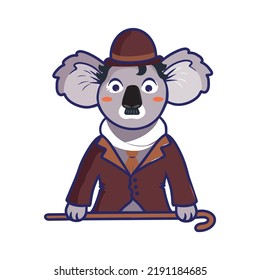 El bonito logo de un koala en forma de símbolo de Charlie Chaplin. Retrato de dibujos animados de tipo vector animal en estilo plano