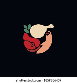 Cute logo with meat soup, with chicken, beef and pork meat