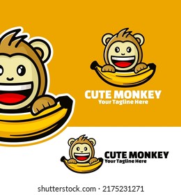 cute logo monkey with big banana art illustration