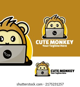 cute logo monkey with laptop art illustration