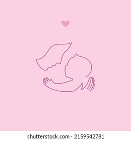 Cute logo, mother with a baby in her arms. Happy maternity. Linear icon. Hugs with love