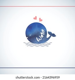 Cute Logo of Whale With Pink Hearts and Waves. Watercolor effect vector logo.