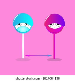 cute lollipop characters with fresh colors, social distancing campaign and health mask use campaign