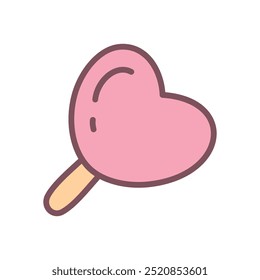 Cute lollipop icon. Hand drawn illustration of a heart-shaped candy isolated on a white background. Kawaii St. Valentine day sticker. Vector 10 EPS.