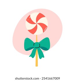 Cute lollipop isolated vector illustration. Traditional Christmas candy, sweet lollipop decorated with bow. Xmas holiday symbol for December seasonal designs. Flat and doodle elements.