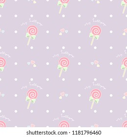 Cute lollipop seamless pattern decorate with text "My Lollipop" and cute bow on purple background in polkadot.