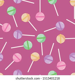 Cute lollipop sucker seamless repeating background. Flat artwork style with pastel colors