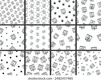 Cute lollypop with animal face. Seamless pattern. Coloring Page. Cartoon sweet candies. Hand drawn style. Vector drawing. Collection of design ornaments.