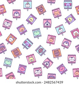 Cute lollypop with animal face. Seamless pattern. Cartoon sweet candies. Hand drawn style. Vector drawing. Design ornaments.