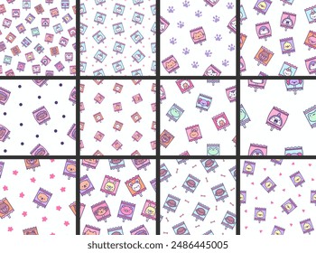 Cute lollypop with animal face. Seamless pattern. Cartoon sweet candies. Hand drawn style. Vector drawing. Collection of design ornaments.