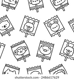 Cute lollypop with animal face. Seamless pattern. Coloring Page. Cartoon sweet candies. Hand drawn style. Vector drawing. Design ornaments.