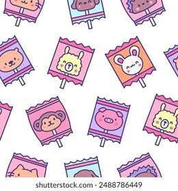 Cute lollypop with animal face. Seamless pattern. Cartoon sweet candies. Hand drawn style. Vector drawing. Design ornaments.
