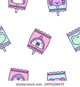 Cute lollypop with animal face. Seamless pattern. Cartoon sweet candies. Hand drawn style. Vector drawing. Design ornaments.
