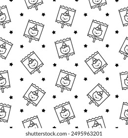 Cute lollypop with animal face. Seamless pattern. Coloring Page. Cartoon sweet candies. Hand drawn style. Vector drawing. Design ornaments.