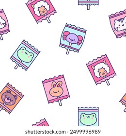 Cute lollypop with animal face. Seamless pattern. Cartoon sweet candies. Hand drawn style. Vector drawing. Design ornaments.