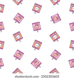 Cute lollypop with animal face. Seamless pattern. Cartoon sweet candies. Hand drawn style. Vector drawing. Design ornaments.
