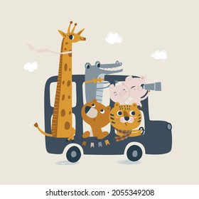 Cute london bus with animals in pastel colors. Lion cub, crocodile, jiraffe, bear illustration for newborn baby. Illustration with cute baby shower animal. Ideal for cards, poster, prints, anniversary