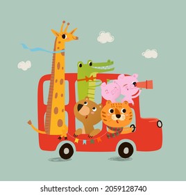 Cute london bus with animals in pastel colors. Lion cub, pigs. crocodile, jiraffe, bear. Vector illustration for newborn baby. Illustration with cute baby shower animal. Ideal for cards, poster