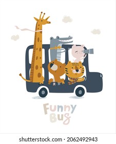 Cute london bus with animals in pastel colors. Lion cub, crocodile, jiraffe, bear illustration for newborn baby. Illustration with cute baby shower animal. Ideal for cards, poster, prints, anniversary