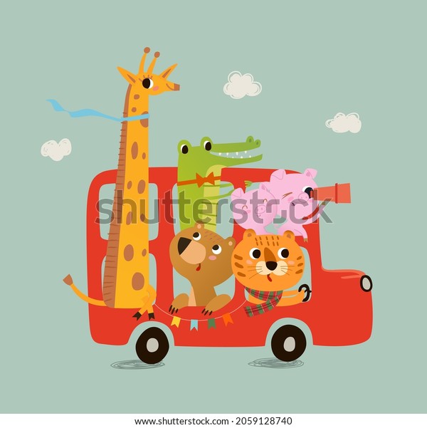 Cute london bus with animals in pastel colors.\
Lion cub, pigs. crocodile, jiraffe, bear. Vector illustration for\
newborn baby. Illustration with cute baby shower animal. Ideal for\
cards, poster