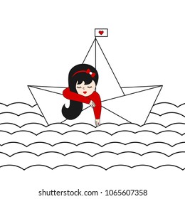 cute lonely girl in a paper boat sailing in the sea vector illustration