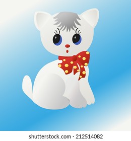 Cute lonely kitten with a red bow on a blue background