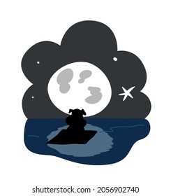 Cute lonely pig silhouette character on a wooden raft in the middle of the ocean at night, with the moon and stars in the background. Cartoon style vector illustration.