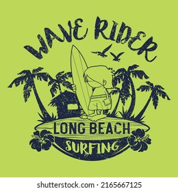 Cute Long  Beach wave rider surfing kid vector print for summer children wear grunge effect in separate layer