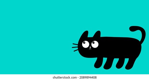Cute long cat. Kawaii cartoon baby pet. Black kitten head face looking up. Happy Halloween. Greeting card print. Banner template. Flat design. Blue background. Isolated. Vector illustration