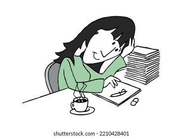 Cute long dark hair smiling woman character sitting at her desk and stack papers  drinking coffee   studying  working and her head resting her hand  Cartoon style vector illustration 