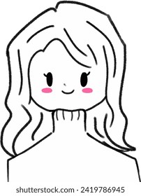 Cute long hair girl black and white cartoon vector