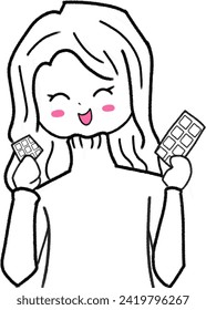 Cute long hair girl eat chocolate in valentine day with monochrome style and hand painted vector