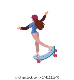 Cute long hair girl with helmet riding skateboard