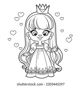 Cute long haired cartoon princess girl outlined for coloring page on white background