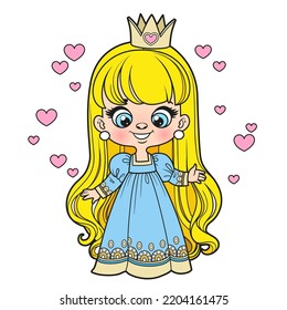 Cuidada caricatura de pelo largo princesa variación de color para página de color sobre fondo blanco