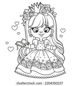 Cute long haired cartoon princess girl with book outlined for coloring page on white background