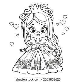 Cute long haired cartoon princess girl in magnificent ball gown with a bow outlined for coloring page on white background